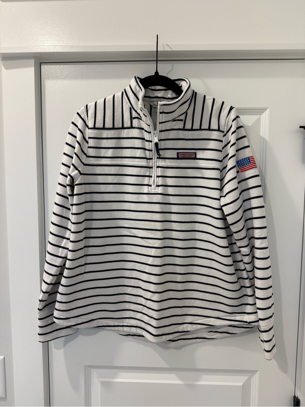 Vineyard Vines White Pullover with Navy Stripes & American Flag Patch